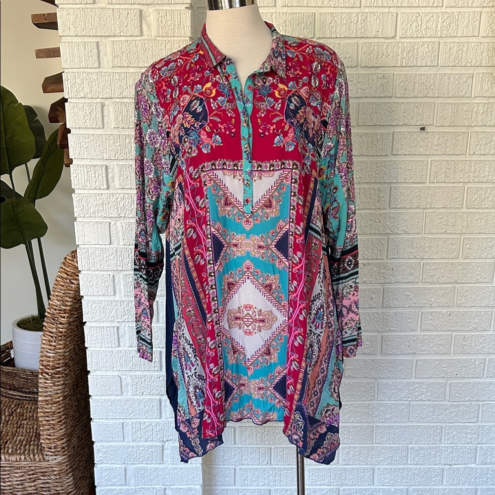 Johnny Was- “Meco Scarf” print Multicolor Bohemian Tunic Top handkerchief  hem